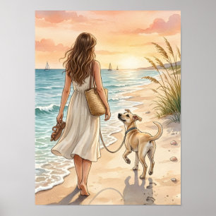 Poster Ilustração em Aquarela do Cachorro no Pôr do Sol n