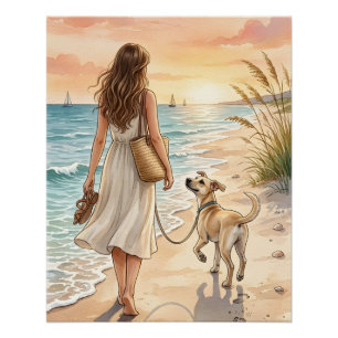 Pôster Ilustração em Aquarela do Cachorro no Pôr do Sol n