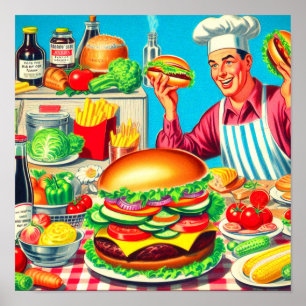 Poster Ilustração em Quadrinhos Retro Hamburger