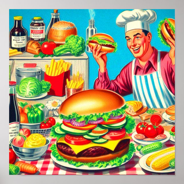 Poster Ilustração em Quadrinhos Retro Hamburger (Frente)