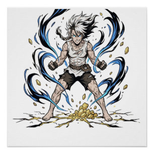 Pôster Ilustração Épica de Poder de Guerreiro de Mangá De