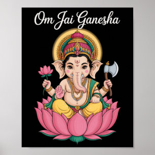 Poster Ilustração Espiritual Ganesha Lótus Om Jai Dizendo