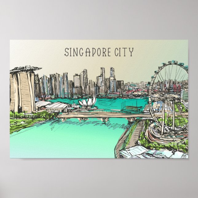 Poster Ilustração Famosa do Local da Cidade de Singapura (Frente)