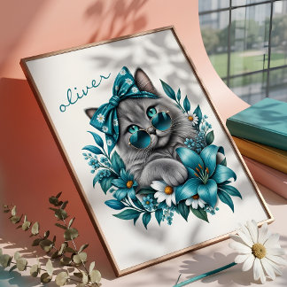 Poster Ilustração Floral Azul de Gato Cinza Elegante Pers