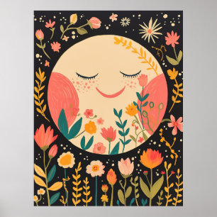 Poster Ilustração Floral Boho da Lua no Céu Noturno Fofa