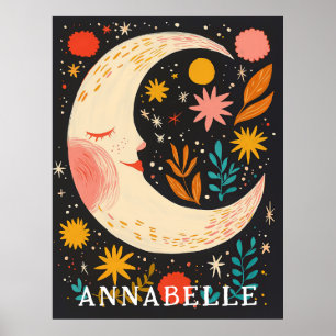 Poster Ilustração Floral Boho Noite de Lua Primeiro Nome