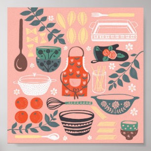 Poster Ilustração Floral da Cozinha Verde e Rosa Vintag