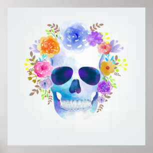 Poster Ilustração floral do crânio da aguarela