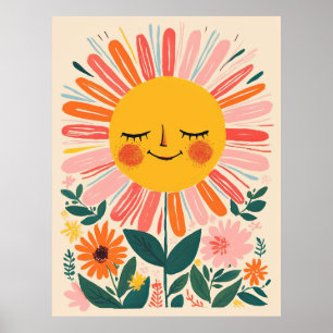 Poster Ilustração Floral Fofa de Girassóis Boho