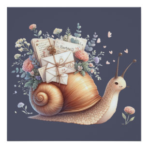 Pôster Ilustração Floral Pastel de Caracol Fofo Correio