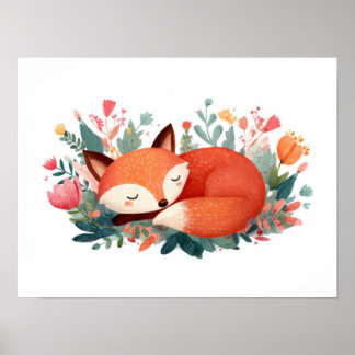 Poster Ilustração Fofa da Raposa Adormecida Floral