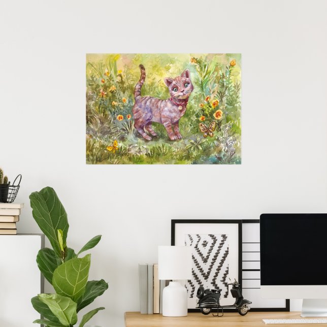 Poster Ilustração Gatinho Fofo Jardim Borboleta Flores (Escritório em casa)