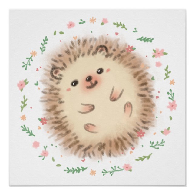 Pôster Ilustração Hedgehog & Flowers (Frente)