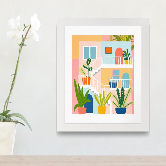 Poster Ilustração Legal de Apartamento Tropical Colorida (Colorful Tropical Apartment Building architecture Illustration Art Poster
)