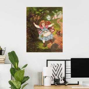 Poster Ilustração Litográfica Menina e Cachorro Retrô