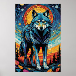 Poster Ilustração Mosaica Colorida do Lobo Majestoso