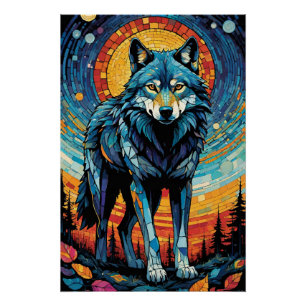 Pôster Ilustração Mosaica Colorida do Lobo Majestoso