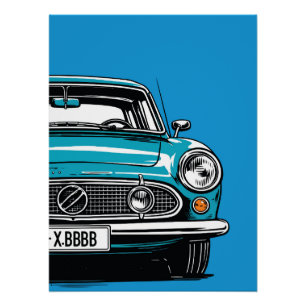 Pôster Ilustração Pop Art de Carro Clássico Azul Turquesa