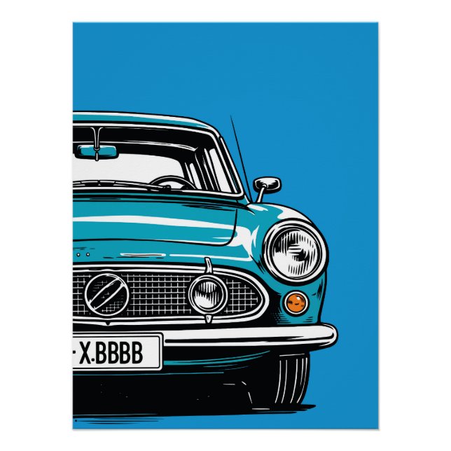 Pôster Ilustração Pop Art de Carro Clássico Azul Turquesa (Frente)