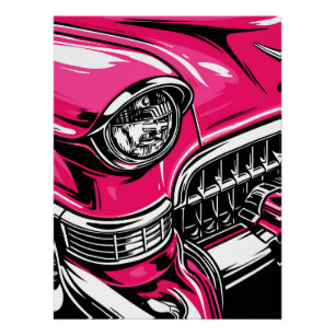 Pôster Ilustração Pop Art de Carro Clássico Rosa Retro da