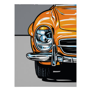 Pôster Ilustração Pop Art de Carro Esportivo Laranja Retr