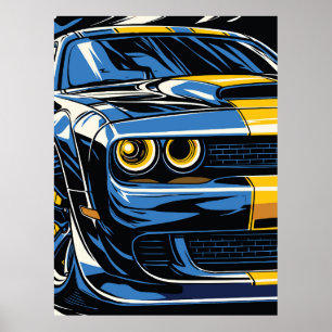 Poster Ilustração Pop Art de Carro Musculoso Azul Retrô n