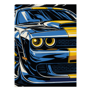 Pôster Ilustração Pop Art de Carro Musculoso Azul Retrô n