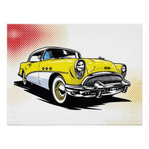 Pôster Ilustração Pop de Carro Antigo Amarelo Ensolarado