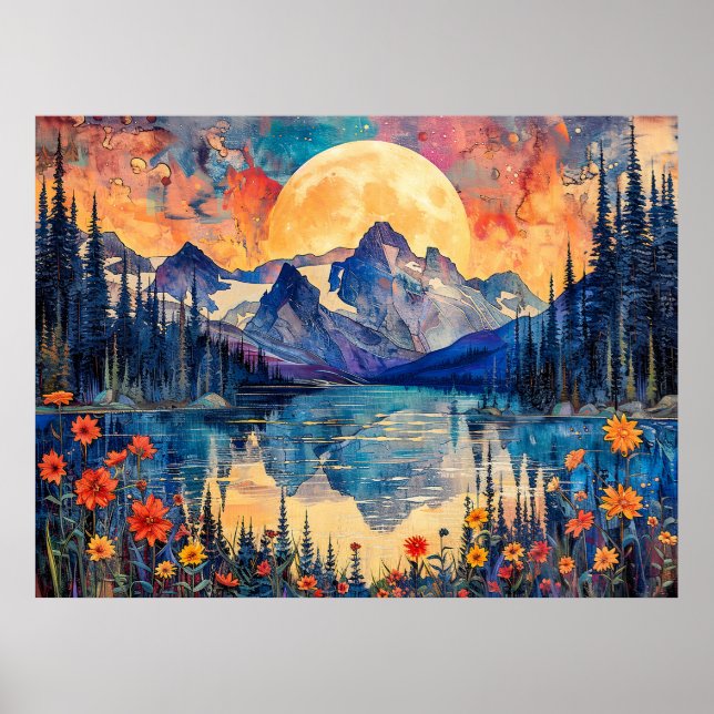 Poster ilustração por abstrato de aquarela da lua de chei (Frente)