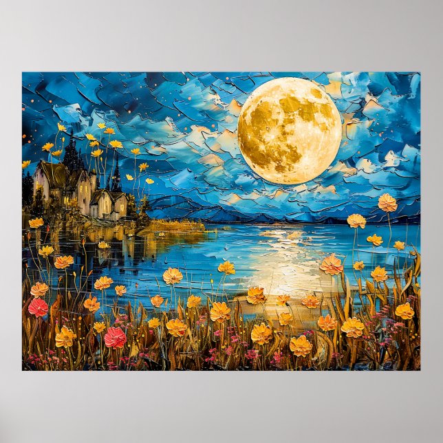 Poster ilustração por abstrato de aquarela da lua de chei (Frente)