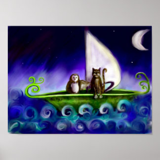 Pôster Ilustração Quirky de coruja e gatinha