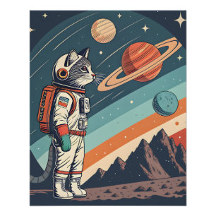 Pôster Ilustração Retro de Astronauta Gato Cósmico no Esp