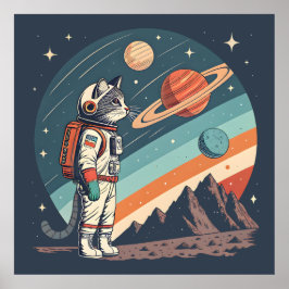 Poster Ilustração Retro de Astronauta Gato no Espaço Cósm