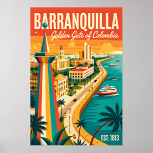 Poster Ilustração Retro de Barranquilla Colômbia Vintage