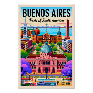 Pôster Ilustração Retro de Buenos Aires Argentina Vintage