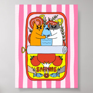 Poster Ilustração Retro de Gato Sardinha Rosa na Cozinha