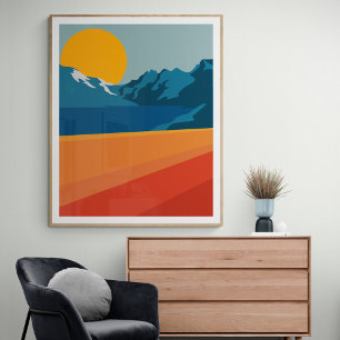 Poster Ilustração Retro de Paisagem Montanhosa Vermelho A