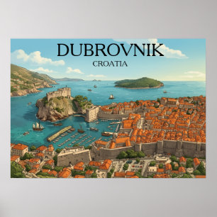 Poster Ilustração Retro Dubrovnik Costa Adriática Viagem