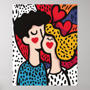Poster Ilustração Romântica de Arte Pop de um Casal Adorá