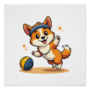 Pôster Ilustração Vetorial de Cachorro Corgi Vintage Joga