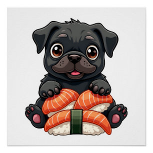 Pôster Ilustração Vetorial de Cartoon de Sushi Pug Preto