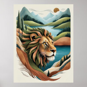 Poster Ilustração Vibrante de Leão Híbrido Vida Selvagem