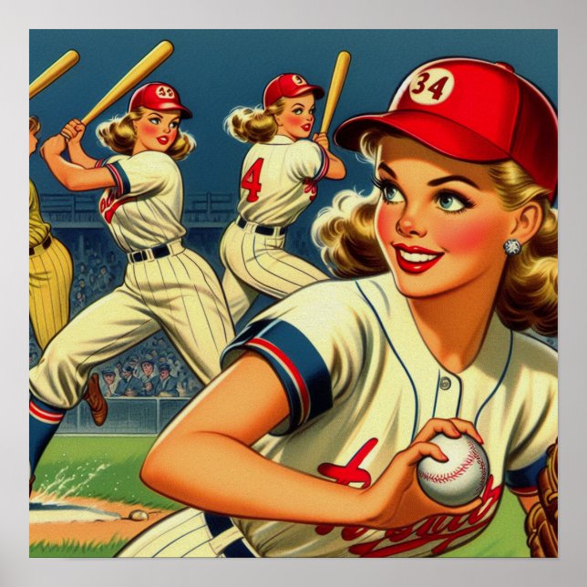 Poster Ilustração Vintage Baseball Girls (Frente)