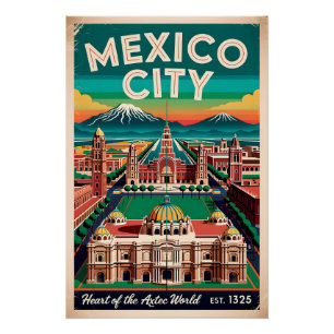 Pôster Ilustração Vintage da Cidade do México Viagem Retr