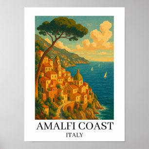 Poster Ilustração Vintage da Costa Amalfitana Itália