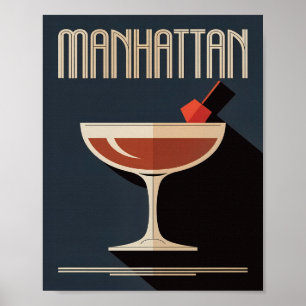 Poster Ilustração Vintage de Bebida Manhattan em Azul Esc