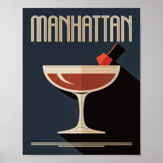 Poster Ilustração Vintage de Bebida Manhattan em Azul Esc
