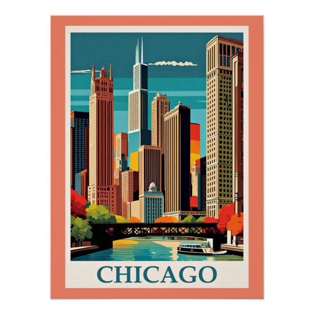 Pôster Ilustração Vintage de Chicago (Frente)