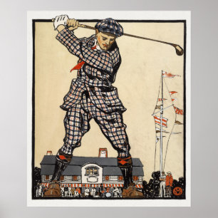 Poster Ilustração Vintage de Jogador de Golfe