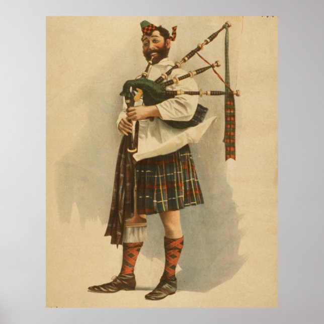Poster Ilustração Vintage de um Bagpiper Escocês (1898) (Frente)